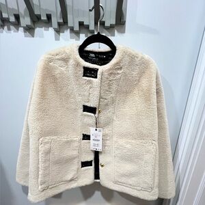 Zara Black and Cream Faux Fur Jacket ZW collection with Gold buttons NWT